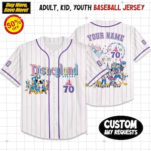 Maglietta da baseball personalizzata per il 70° anniversario di Disneyland per adulti, completo della squadra di baseball Disney, regalo di compleanno a tema cartone animato per bambini e adulti.
