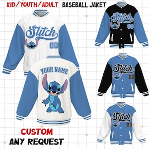 May include: Baseball jackets in white, black, and blue with the character Stitch. The jackets have blue sleeves and the word "Stitch" on the front. The back of one jacket says "YOUR NAME". The text "CUSTOM ANY REQUEST" is at the bottom.