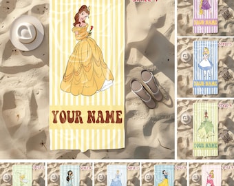 Disney All Princess Personalized Beach Towel, Disney Belle Jasmine Ariel Tiana Pool Party Towels, Retro Style Bridesmaid Towel,Birthday Gift