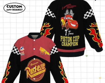 Vintage Lightning Mcqueen 95 Fleece Bomber Jacket, Rust-Eze Cars Piston Cup Champion Racing Jacket, Radiator Springs, Disneyland Family Trip