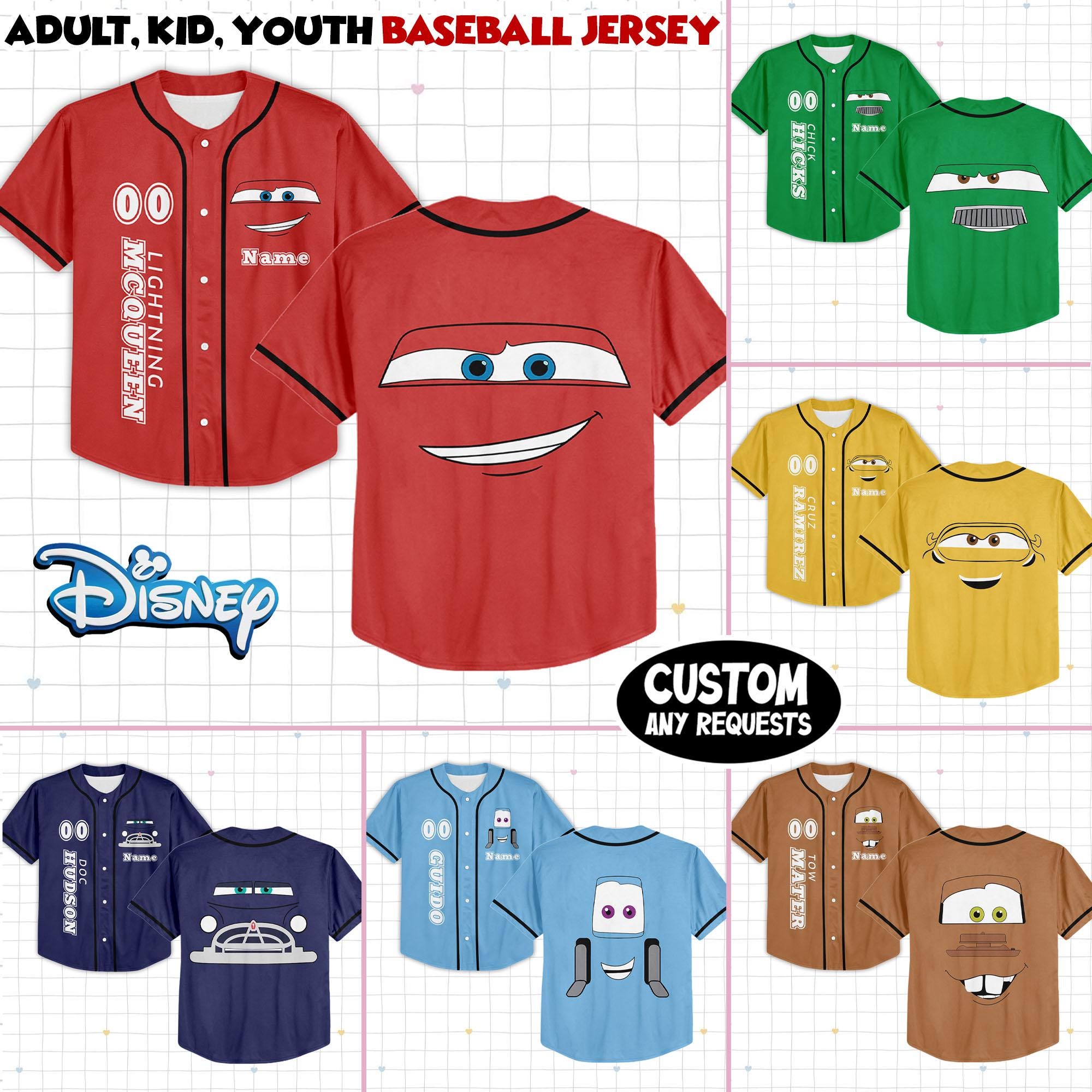 Discover Custom Name Age Disney Car Face Outline Family Matching Baseball Jersey, Car Group Kids Youth Adult Baseball Team, Disney Vacation
