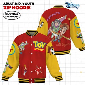 May include: Red and yellow zip hoodie featuring Toy Story characters Buzz Lightyear and Woody. The jacket has the words "Toy Story" and "Infinity and beyond" printed on it. The sleeves are yellow with character graphics.
