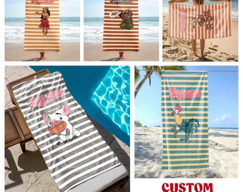 Groovy   Moana Striped Personalized Beach Towel, Maui Moana Hei Hei Pua Pool Party Towels, Retro Style Bridesmaid Towel, Birthday Gift