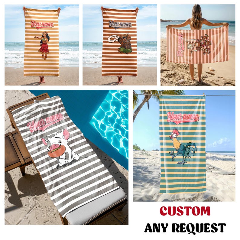 May include: Five different beach towels with colorful striped patterns and cartoon characters. The towels feature a pig, a rooster, a Polynesian woman, and a monkey. The towels have the text "Your name" on them.