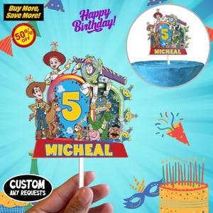 May include: A vibrant birthday cake topper with Toy Story characters. It displays the number 5, the name "Micheal", and the words "Happy Birthday!". The topper is held by a white stick.