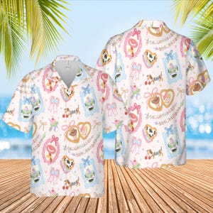 Camicia hawaiana Coquette di Toy Story Disney, camicia con bottoni Woody, camicia tropicale, camicia da spiaggia estiva con cartoni animati, camicia Disneyworld, camicia Disneyland