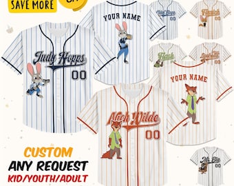 Personalized Disney Zootopia Baseball Jersey, Retro Judy Hopps Nick Wilde Kids Youth Adult Baseball Team, Powerline Stand Out Tour