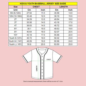 a baseball jersey size chart for a child's baseball uniform