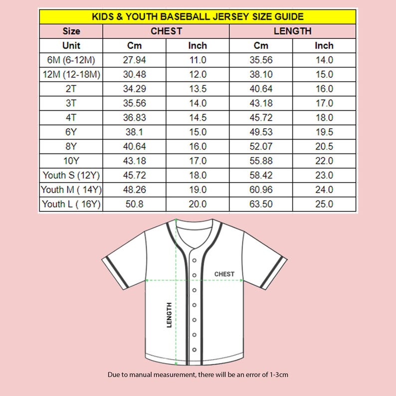 a baseball jersey size chart for a child's baseball uniform