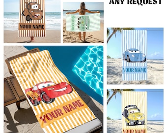 Lightning McQueen Personalized Beach Towel,   Car Pixar Pool Party Towels, Retro Style Bridesmaid Towel,Birthday Gift
