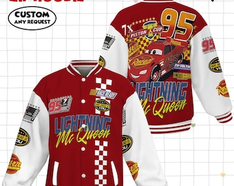 Vintage Lightning Mcqueen 95 Fleece Bomber Jacket, Rust-Eze Cars Piston Cup Champion Racing Jacket, Radiator Springs, Disneyland Family Trip