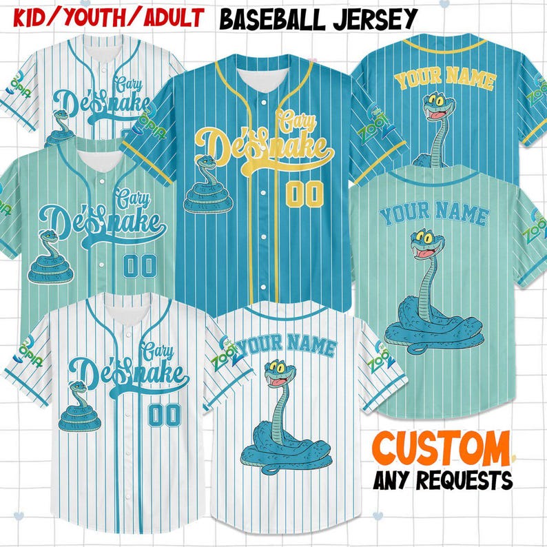 Puede incluir: Camisetas de b&eacute;isbol en varios colores, incluyendo azul, blanco y turquesa, con dise&ntilde;os a rayas y lisos. Las camisetas presentan gr&aacute;ficos con tem&aacute;tica de serpientes y los textos "Gary De'Snake" y "Your Name". Disponibles en tallas para ni&ntilde;os, j&oacute;venes y adultos.