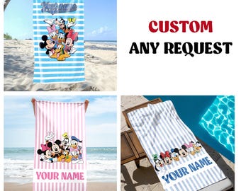 Personalized Disney Mickey And Friends Striped Baseball Beach Towel For Boys, Mickey And Co Drip Beach Towel, Pool Towel, Team Gift