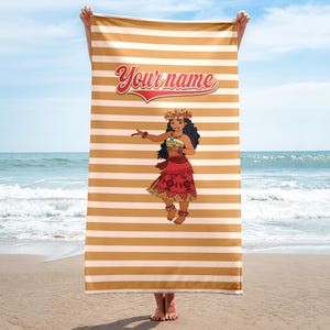 May include: A beach towel with a yellow and white striped pattern. The towel features a cartoon illustration of a woman in a hula skirt with the text "Your name" above her.