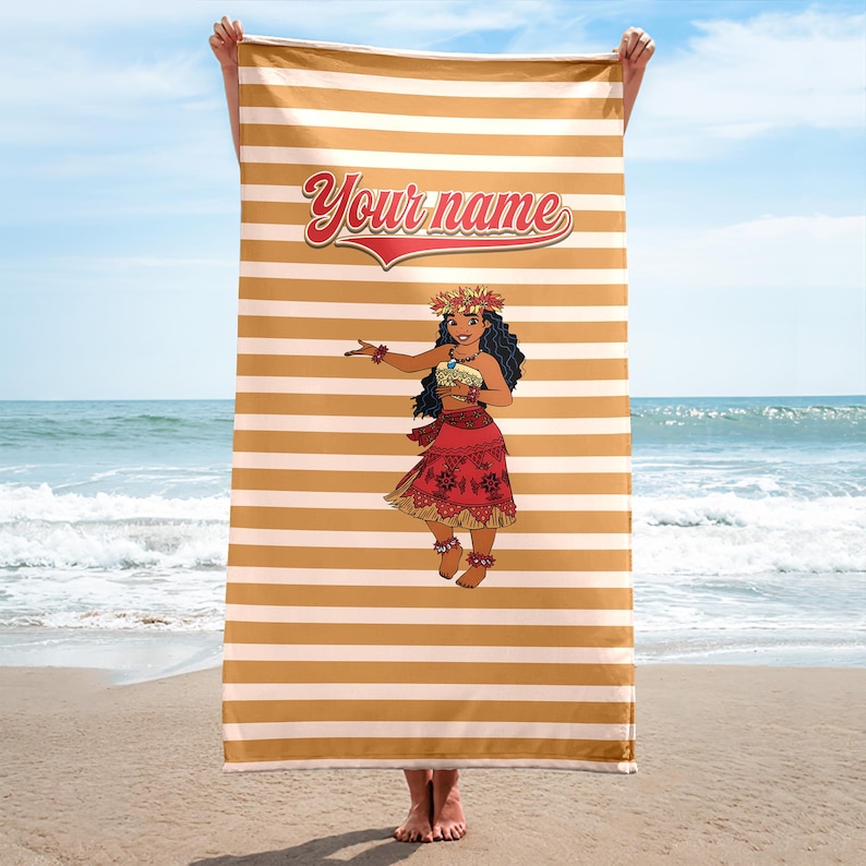 May include: A beach towel with a yellow and white striped pattern. The towel features a cartoon illustration of a woman in a hula skirt with the text "Your name" above her.
