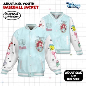 Custom Disney Ariel Sebastian Flouder Locket Coquette Bow Kids and Youth Baseball Jacket, Aldult Unisex Varsity Baseball Jacket