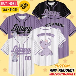 May include: Baseball jerseys in purple, black, and white with the word "Lumpy" and an elephant graphic. The jerseys are customizable with "Your Name" on the back. The text "CUSTOM ANY REQUEST KID/YOUTH/ADULT" is also visible.