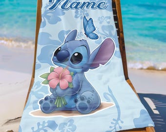 Custom Cute Stitch Floral Beach Towel,   Kid Towel Gift, Stitch Angel Bath Pool Towel,   Custom Name Towel,  land Towel