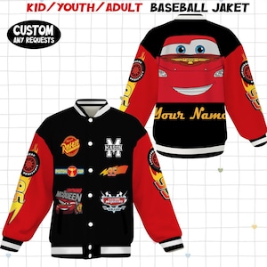 May include: Black and red baseball jacket with white trim. The jacket features various patches and the text "Lightning McQueen". The sleeves are red with yellow accents. The back of the jacket has a graphic of a red race car and the text "Your Name".