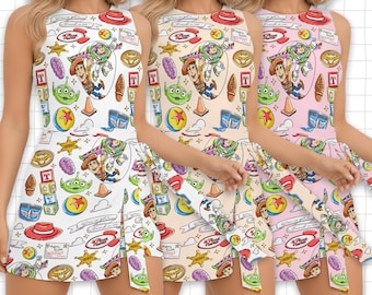 Vestido de tenis y falda de Toy Story de Pixar, camiseta de Woody, Buzz, Rex y Hamm, personajes de Pizza Planet, vestido de tenis y falda de viaje terrestre