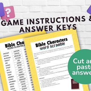 May include: A game set with instructions and answer keys. The text "Bible Characters Word Scramble" is displayed on yellow paper. The image includes question mark speech bubbles and a green circle with the text "Cut and paste answers."