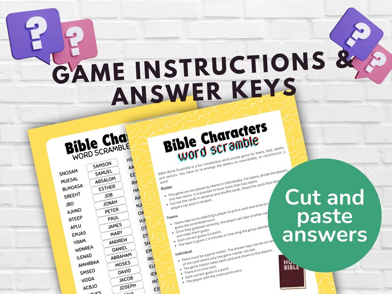 May include: A game set with instructions and answer keys. The text "Bible Characters Word Scramble" is displayed on yellow paper. The image includes question mark speech bubbles and a green circle with the text "Cut and paste answers."