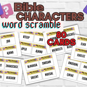 May include: A collection of word scramble cards featuring Bible characters. The cards are white with colorful accents and include the text "Bible Characters Word Scramble". The image also shows the text "80 Cards" in a red font.