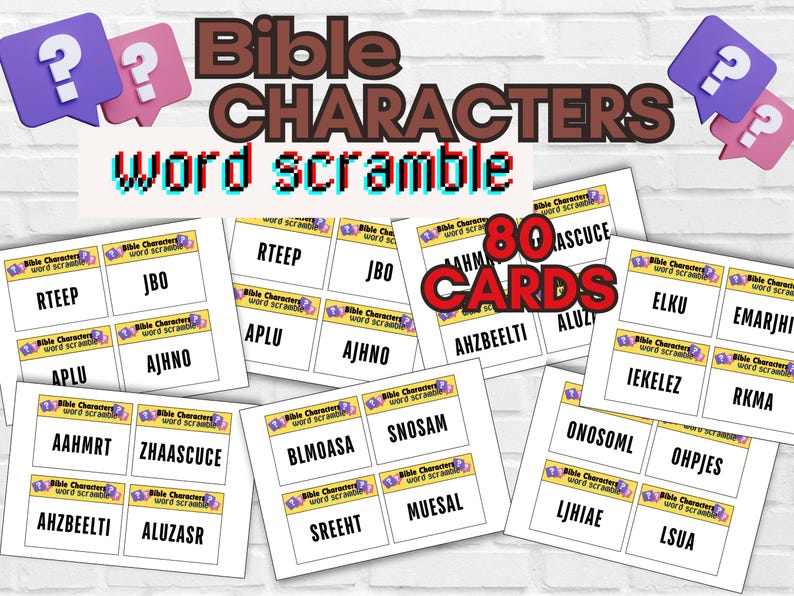 May include: A collection of word scramble cards featuring Bible characters. The cards are white with colorful accents and include the text "Bible Characters Word Scramble". The image also shows the text "80 Cards" in a red font.