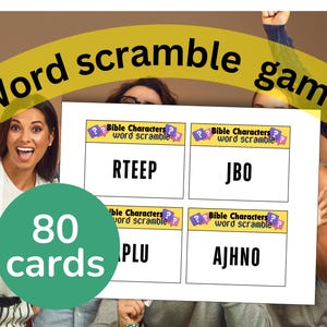 May include: A word scramble game with the text "Word scramble game" in a yellow banner. The game includes 80 cards with scrambled words like "RTEEP" and "JBO". People are smiling and holding the game.