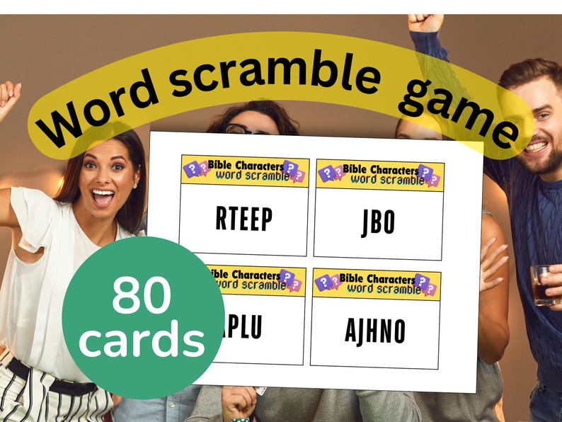 May include: A word scramble game with the text "Word scramble game" in a yellow banner. The game includes 80 cards with scrambled words like "RTEEP" and "JBO". People are smiling and holding the game.