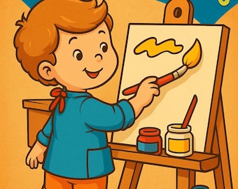 Peut inclure: Illustration d'un enfant peignant sur une toile. L'enfant porte une chemise bleue et un pantalon orange. La toile affiche le texte "FUN COLORING PAGES FOR KIDS". Des pots de peinture et un seau sont également visibles.