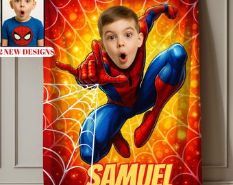 Personalized Spider Hero Blanket with Child’s Photo and Name, Custom Spiderboy Superhero Kids Throw.
