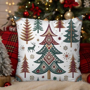 May include: White square throw pillow with a Christmas tree pattern in shades of green, red, and gold. The design includes stylized trees, snowflakes, and a deer on a white background. Festive home decor.