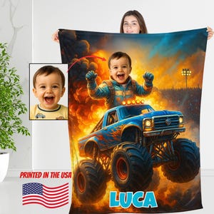 May include: A custom fleece blanket featuring a large, colorful graphic of a toddler driving a blue monster truck through a fiery explosion. The name LUCA is printed in bold blue letters at the bottom. An inset shows the original photo of the child.