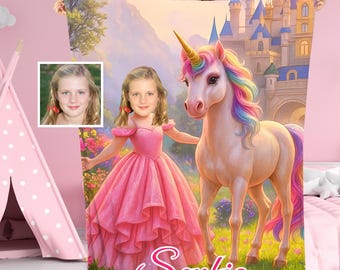 女の子用カスタムフェイスユニコーンブランケット、名前入りプリンセス