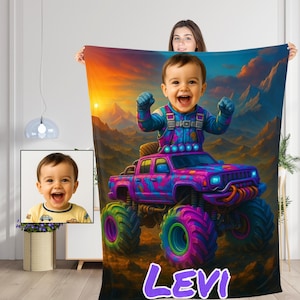 Custom Boys Blanket Monster Pickup, Personalized Gifts for Kids/Boys, Camping Picnic Travel Child Blanket, Bedspread Sofa Covers Truck Decor