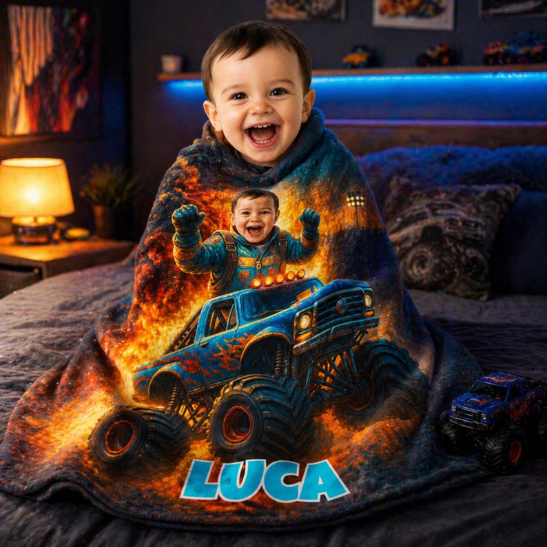May include: A soft plush blanket featuring a vibrant graphic of a blue monster truck with large tires and flames, with a child's face integrated into the design. The name LUCA is printed in large blue letters at the bottom of the blanket.