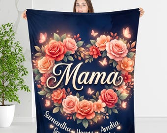 Personalized Mama Blanket, Custom Mom Blanket with Kids Names, Floral Mother’s Day Gift.