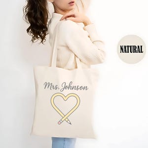 Sac fourre-tout personnalisé pour enseignant avec un coeur en forme de crayon, cadeau pour les enseignants, sac fourre-tout personnalisé avec le nom de l'enseignant, sac écologique, sac de remerciement pour enseignant