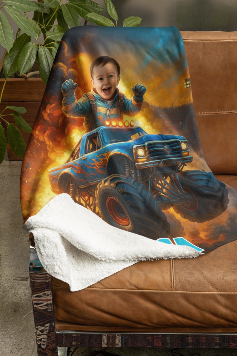 May include: A plush throw blanket featuring a vibrant graphic print of a smiling child with arms raised, riding in a blue monster truck with orange flame decals. The background shows a fiery explosion. The blanket has a white sherpa fleece lining.