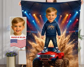 Gepersonaliseerde monstertruckdeken met gezicht en naam, gepersonaliseerde kinderdekencadeau, verjaardagscadeau jongen.