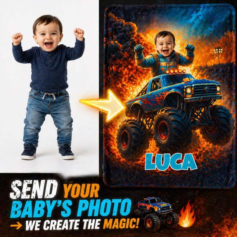 May include: A custom fleece blanket featuring a toddler in a blue long-sleeve shirt and jeans, digitally illustrated as a driver of a blue monster truck amidst flames. The name LUCA is printed in large blue letters at the bottom of the blanket.