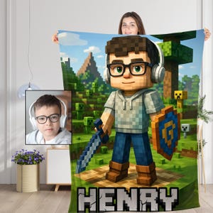 Personalized Minecraft Blanket, Custom Pixel-Style with Face & Name, Gamer Gift for Christmas or Birthdays.