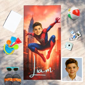 Personalized Spiderboy Beach Towel,Custom Face & Name Kids Pool Towel,Summer Vacation Gift,Funny Super Hero Towel for Boy,Gift for Kids/Boys