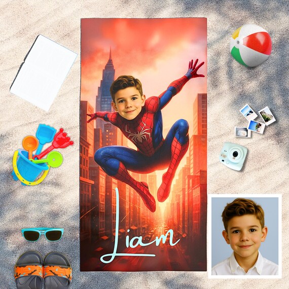 Personalized Spiderboy Beach Towel,Custom Face & Name Kids Pool Towel,Summer Vacation Gift,Funny Super Hero Towel for Boy,Gift for Kids/Boys