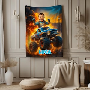 May include: A rectangular wall tapestry featuring a vibrant graphic of a young child with arms raised, sitting atop a blue monster truck. The background displays fiery orange and yellow explosions. The name LUCA is printed in bold blue letters.