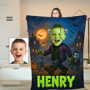 Personalized Kids Funny Frankenstein Halloween Blanket,Custom Boy Face & Name,Frankenstein horror Throw,Halloween Gift for Kids,Spooky Gifts