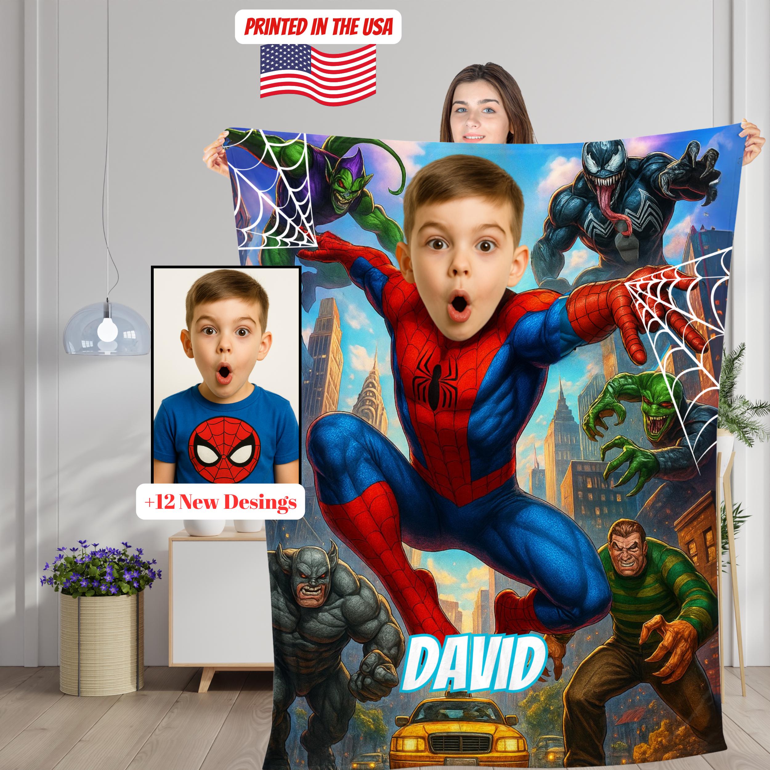 Discover Personalized Spider Hero Blanket with Childs Photo & Name