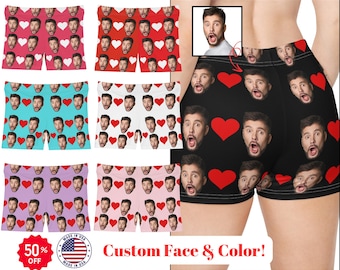 Custom Face Women's Shorts, Photo Shorts, Funny Heart Pattern Womens Shorts, Personalized Gym Gift, Gift For Her, Cheeky Bachelorette Gifts.