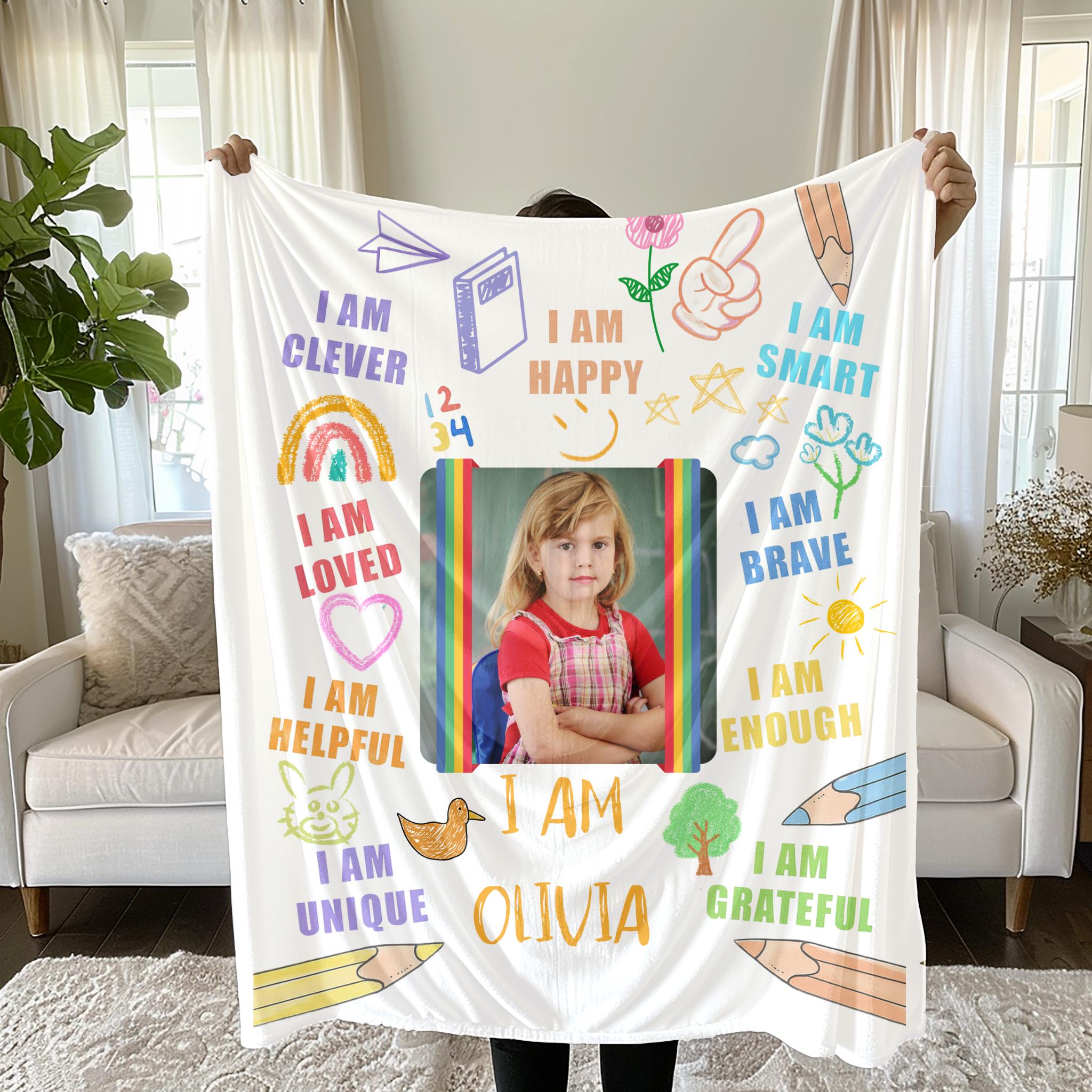 Custom Affirmation Blanket for Kids,Personalized Name & Photo, Back to School or Birthday Gift, Inspirational kids blanket, Girls Room Decor